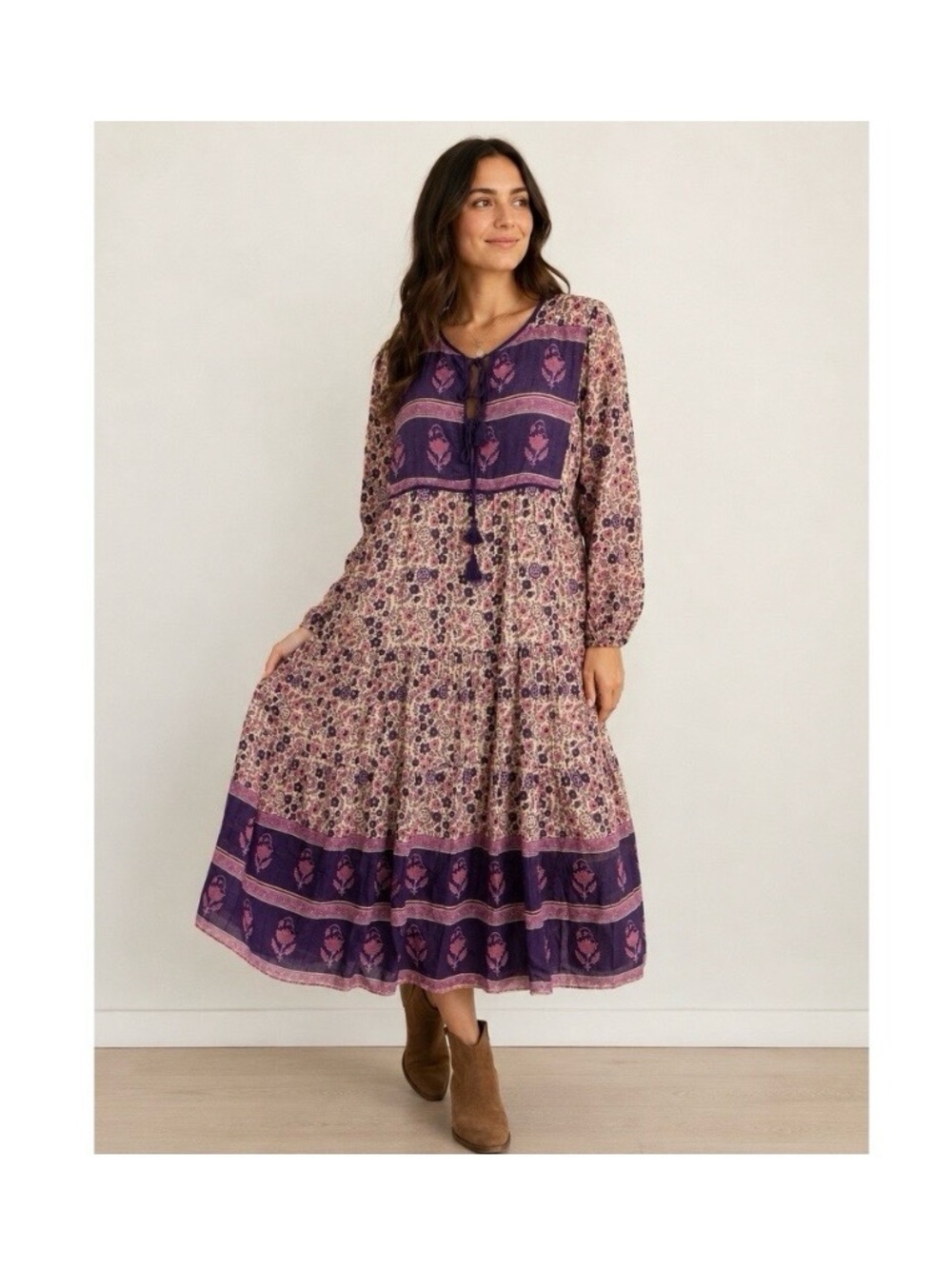 Boho Floral Purple Maxi Dress with Tassel Tie